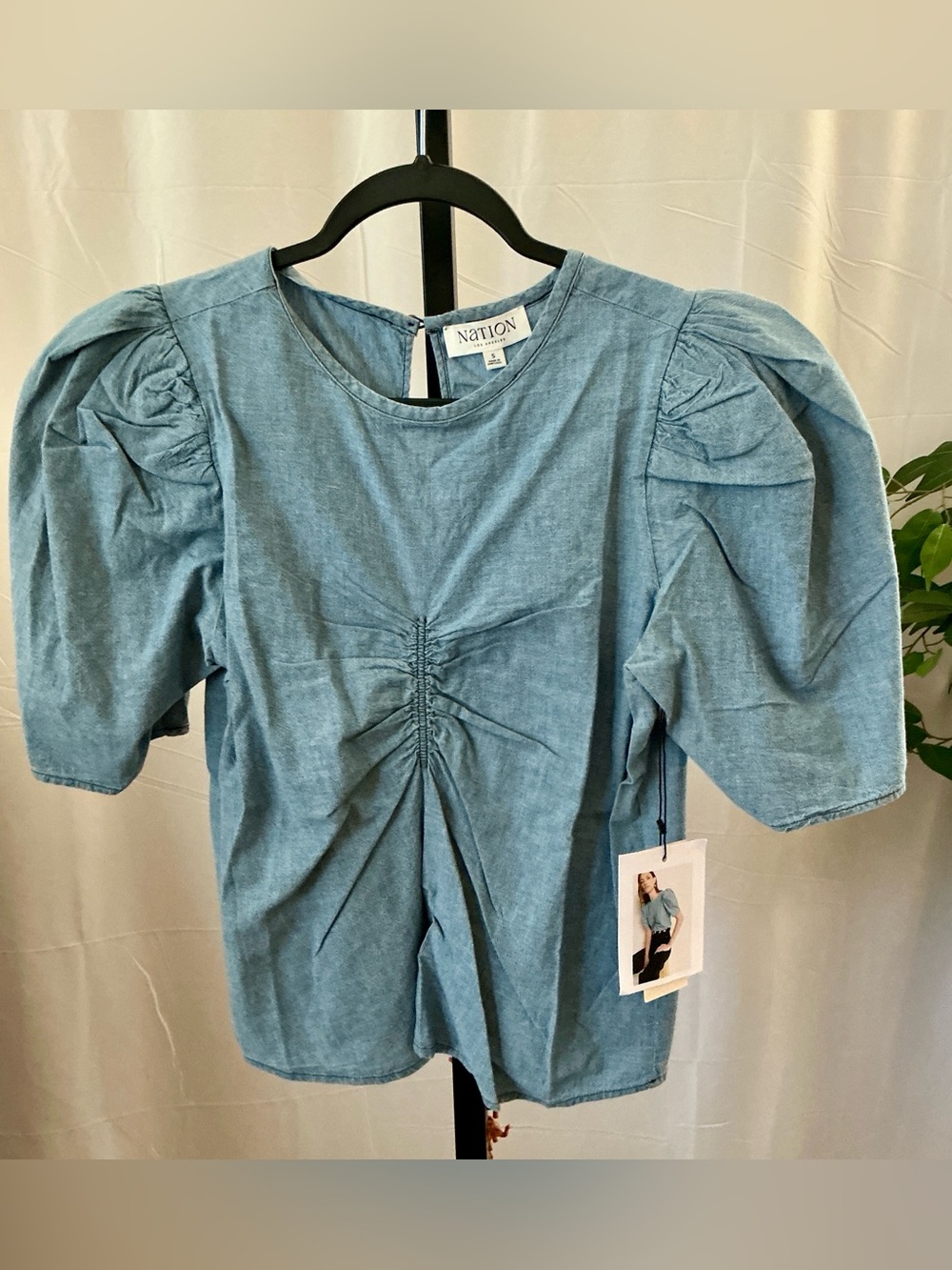 Nation LTD Cecily Blue Chambray Puff Sleeve Organic Cotton Top S - Picture 7 of 14